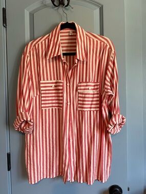 Red and White Striped Button-Up Shirt